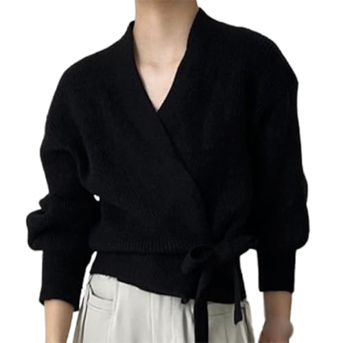 Women's Cropped Wrap Sweater, Knit Cross Cropped Top, V Neck Wrap Sweater, Casual Tie Wrap Tunic, Pullover
