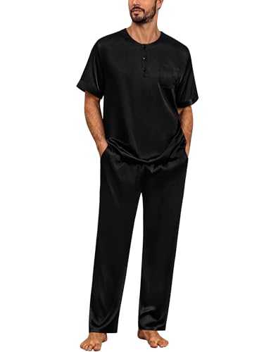 SWOMOG Men Satin Pajama Set Short Sleeve Pj Set 2 Pcs Loungewear Silk Sleepwear Half Button Down Long Pants with Pockets