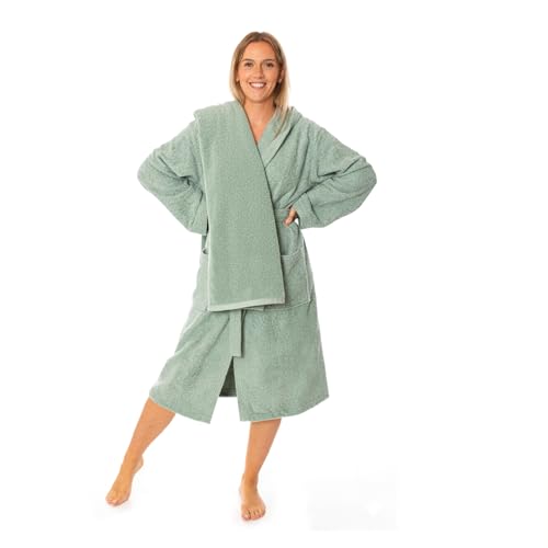 Lavea® Set Sauna Albornoz y Toalla 80x200 cm - Algodón 100% Suave y Absorbente - Hipoalergénico - Capucha y Cinturón - Oeko-Tex® - Set Albornoz S + Toalla Sauna - Verde Eucalipto