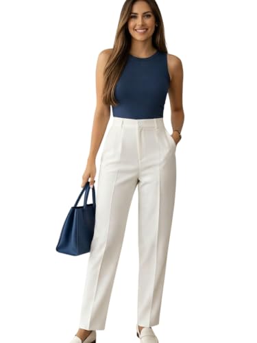 Image of KATECLO Women's High Waisted Formal Trousers - Regular Fit Straight Leg Dress Pants with Pockets for Office, Workwear, & Casual Smart Looks