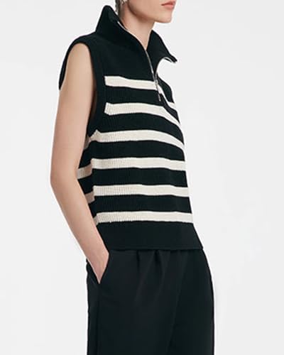 Image of Kedera Women's Striped Sweater Vest V Neck Sleeveless Work Sweater Quarter Zip Knit Vest Top 2024 Trendy Office Outfits