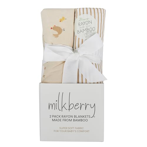 Image of Milkberry 2 Pack Luxury 100% Rayon of Bamboo Muslin Swaddle Blanket for Baby Boy Farm Animal Brown Striped