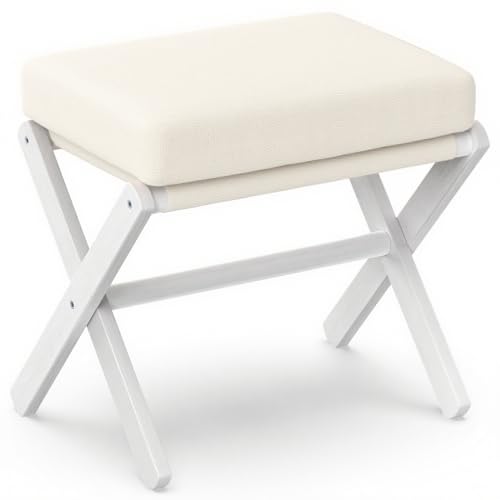 BAMBOOHOMIE Foldable Foot Stool Ottoman, Modern Foot Rest with Bamboo X Legs & Thick Foam Cushion, Folding Foot Stools Small Padded for Bedroom Living Room, Makeup Vanity Stool Chair (White - White) by BAMBOOHOMIE - Used condition - CA$42.97
