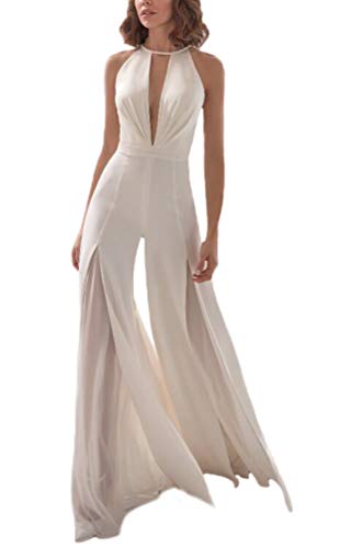 Monos Mujer Elegante Sin Mangas Playsuit Cuello En V Profundo Boda Fiesta Traje Pantalón Único con Encaje Largos Mono Pantalones Anchos Fiesta De Noche (Blanco,M)