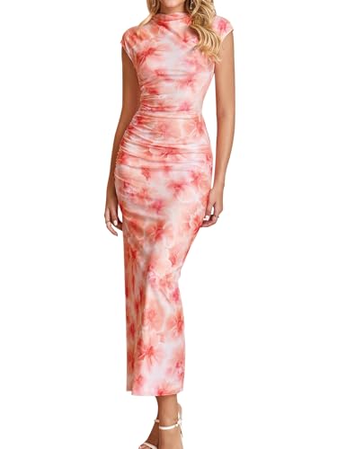 Image of HTZMO Floral Wedding Guest Ruched Bodycon Maxi Dress for Women | Cap Sleeve Slit Long Dresses, Fall Formal Cocktail Party Elegant Modest Bride Shower, Stretchy Mesh Fabric, Winter 2026