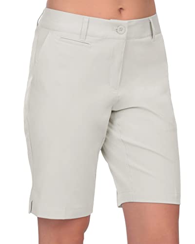 Shorts de golfe feminino, bermuda, stretch, comprimento até o joelho, sarja, ajuste relaxado, Bege,