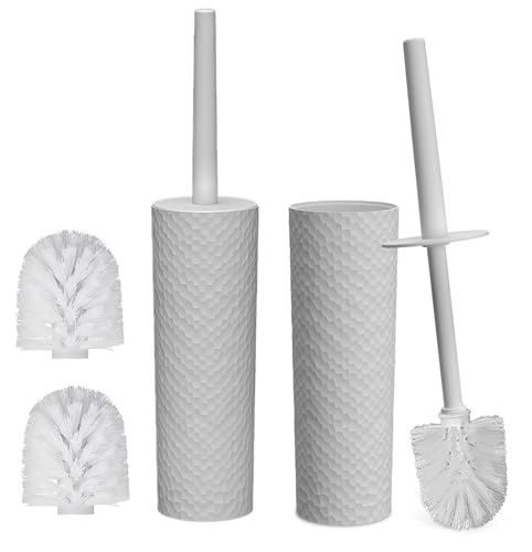 Image of Topsky 2 Pack Compact Toilet Brush & Holder Set, Plastic Round Barrel Loo Brush with 2 Replacement Toilet Brush Head, Durable for Bathroom Toilet, Gray