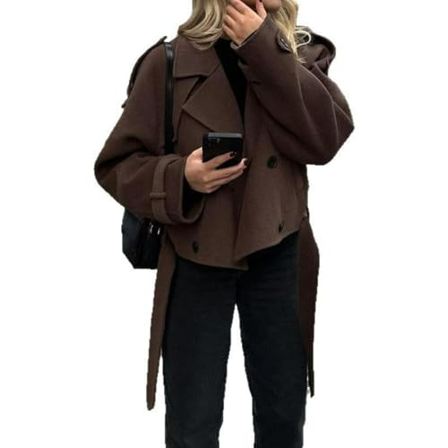 Deep Brown Jacket Cropped Notch Collar Button Up Belted Oversized Long Sleeve Fall Streetwear Casual Jacket