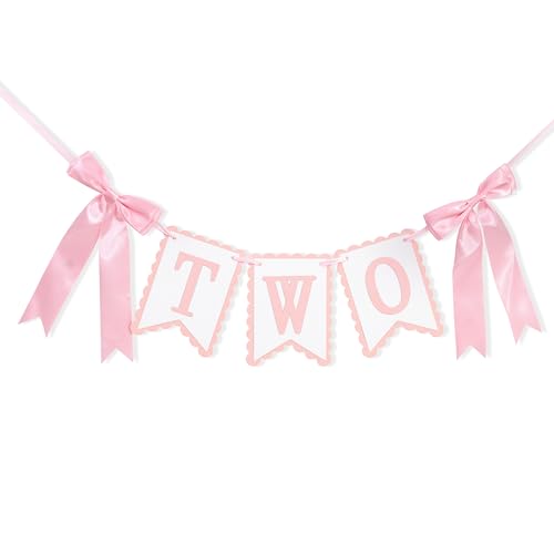 Image of Bow Two Birthday High Chair Banner,Pink Bow 2nd Party Decoration | Coquette Two High Chair Banner,Coquette 2nd Birthday Photo Prop