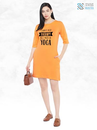 Image of STATUS MANTRA Women's Long T-Shirt Dress - Cotton Casual Knee Length Dress with 3 /4 Sleeves | Soft Bio-Washed Fabric, Crew Neck, Relaxed Fit | Comfy Summer Lounge Wear