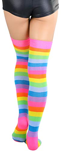 Image of ToBeInStyle Women's Bright Vibrant Rainbow Striped Thigh High Rave Stockings