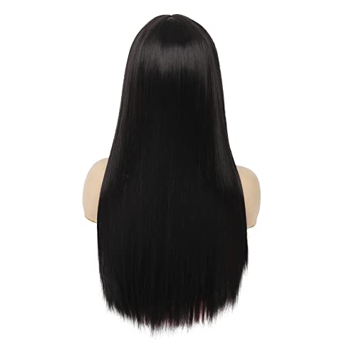 Image of Swiking Black and Red Long Straight Wigs with Bangs for Women Two Tone Heat Resistant Synthetic Wig for Daily Cosplay Halloween Party Use