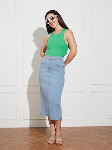 Image of Miss Chase Women's Regular High Rise Above Knee Stretchable Denim Skirt