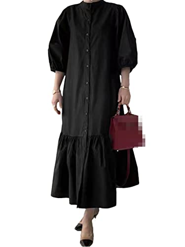 Robe élégante vintage noire vêtement femme boutonné mi-long taille S