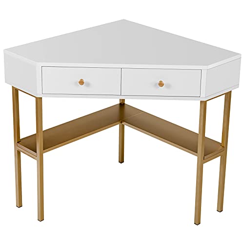 COSTWAY Table Bureau d'angle avec 2 Tiroirs Table Imformatique pour Ordinateur avec Etagère de Rangement Noir/Doré/Blanc (Doré)
