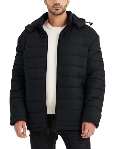 BEST SOUTH Men's Winter Puffer Jacket Hooded Puffy Fleece Warm Lightweight Coat Outerwear Cold Weather Black Ink X-Large