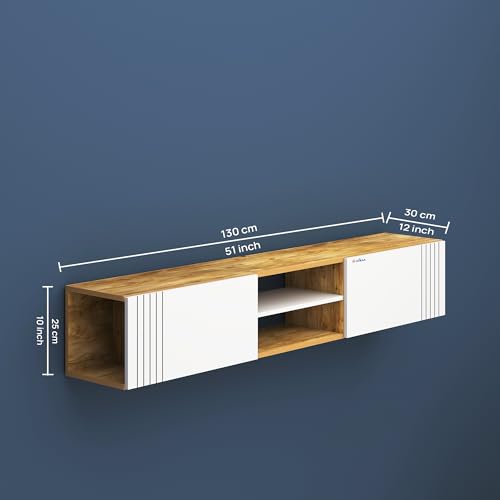 Image of Anikaa Nimbus Wall Mount TV Unit Cabinet | Modern Entertainment Center with Storage, Drawers, Shelves & Soft-Close Doors | Stylish Floating TV Stand for Up to 50 inch TVs - Giantwood /White (DIY)
