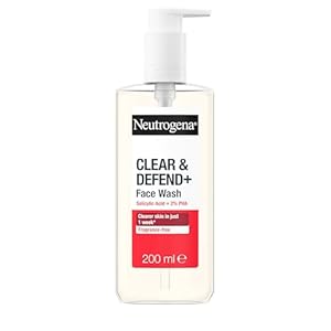 Neutrogena Clear & Defend+ Face Wash (1x 200ml), Purifying Facial Wash for Acne-Prone Skin with Salicylic Acid and AHA/PHA, Fragrance-Free Face for Spot-Prone Skin to Help Prevent Breakouts