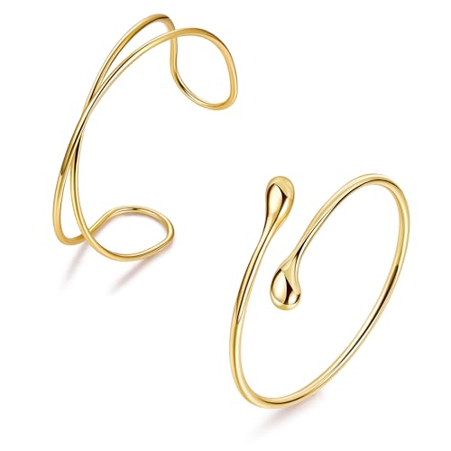 2Pcs Gold Arm Cuff for Women Adjustable Arm Cuff Bracelet Minimalist Open Coil Upper Arm Band Cuff Bangle Set