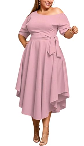 Image of Plus Size Women Wedding Guest Dress Off Shoulder Boat Neck Irregularly Flowy Midi Church Dress