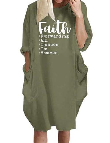 Image of Women's Faith Forwarding Letters Printed T-Shirt Causal Loose Dresses with Pockets