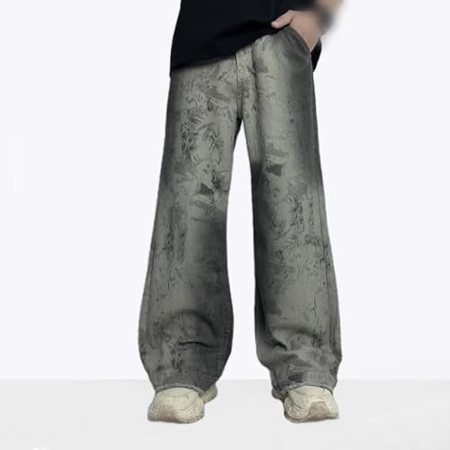 Mens Vintage Print Wide-Leg Jeans Spring Summer Baggy Denim Pants with Pockets3