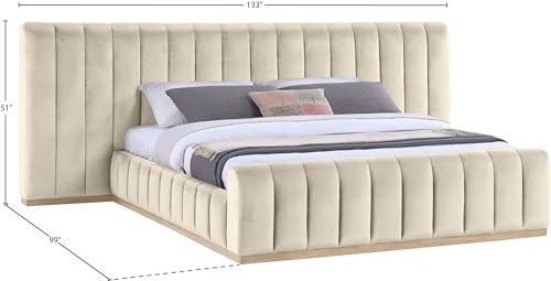 Image of Meridian Furniture AmaraCream-K133 Collection Modern | Contemporary King Bed, Ultra Luxe Cream 460 GSM Velvet, Natural Finish, Solid Wood Base and Inner Frame, 133 inch W x 99 inch D x 51 inch H, Cream, King
