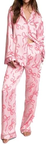 Fenghualzzniya Women Bow Pajamas Satin Pajama Set Floral Silk 2 Piece Lounge Sets Button Down Shirts Wide Leg Pants Cute Pjs