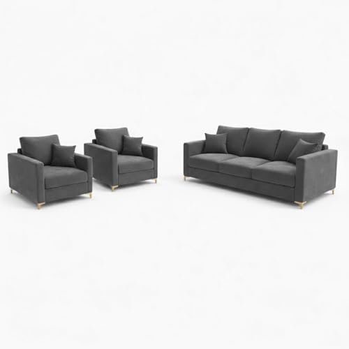 Image of Hayes Rich Velvet Suede 3+1+1 Seater Sofa Set | Golden Aesthetic Legs | Soft Touch Comfort Seating | 5 Person Seating | Modern Living Room Set (Dark Grey)