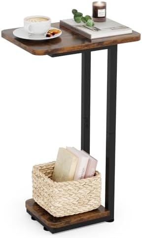 C-Shaped Small Side Table - Square Couch Coffee Tables with Metal Frame Farmhouse End Table for Living Room, Small Spaces (Rustic Brown)