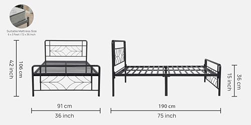 Image of Vara Metal Extra Single Size Bed Without Storage | Wrought Iron Cot with Headboard & Footboard| Sturdy Powder Coated Platform Bed Extra Single Size Cot for Bedroom (Vara Black)