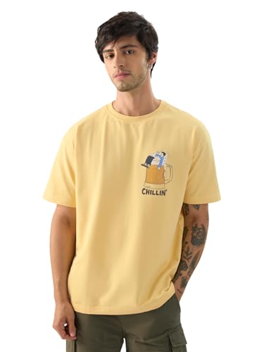Image of The Souled Store Chillin' Men and Boys Short Sleeve Round Neck Yellow Graphic Printed Cotton Oversized T-Shirts