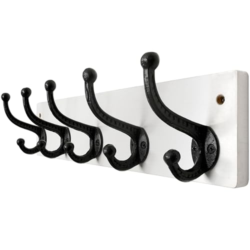 WEBI Percheros Pared Madera,Percha Pared,5 Ganchos de Hierro Fundido,Colgador Pared Para Abrigos,Chaqueta,Blanco