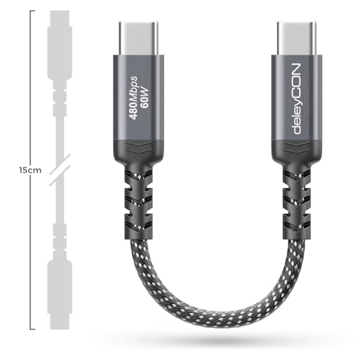 deleyCON 0,15m USB C Ladekabel Kurz (60W Schnellladekabel) PD3.0 PPS USB-C auf USB-C Kabel für iPhone 17 16 15 Pro Max Air Galaxy A16 A56 S25 S24 S23 Pixel iPad Pro MacBook AirPods Tablet Switch PS5