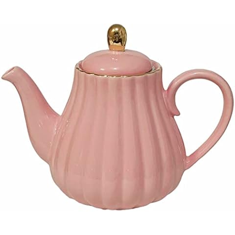 YBK Tech Strengthen Porcelain Teapot, 31oz Coffee Pot Ceramic Teapot- Stripe Design (Pink) Cover