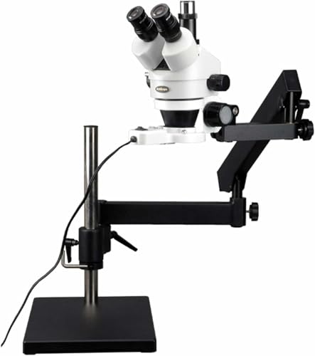 Image of AmScope SM-7TZ-FRL Professional Trinocular Stereo Zoom Microscope, WH10x Eyepieces, 3.5X-90X Magnification, 0.7X-4.5X Zoom Objective, 8W Fluorescent Ring Light, Articulating-Arm Boom Stand, 110V-120V, Includes 0.5X and 2.0X Barlow Lenses