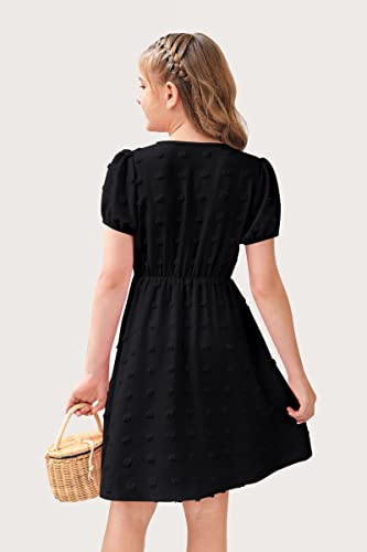 NHDBCUF Girls' Swiss Dot Dress Kids Casual Babydoll V-Neck Flowy A Line Party Swing Mini Dresses for 5-14 Years4