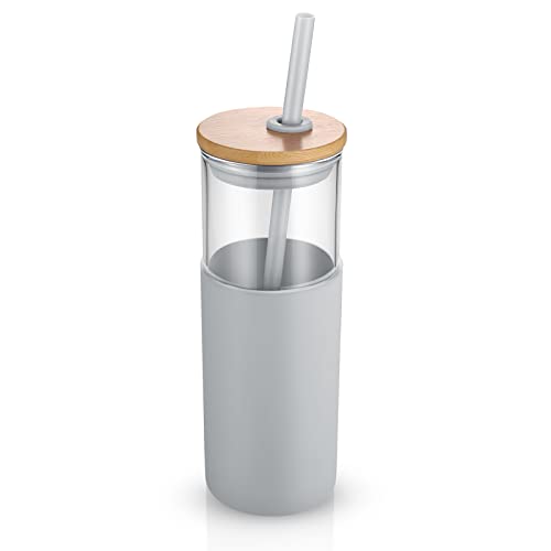 Tronco 24 oz Glass Tumbler with Lids and Straw, Reusable Iced Coffee Cup & Smoothie Cup with Bamboo Lid, Silicone Sleeve, Dishwasher Safe, BPA-Free Borosilicate Glass, 1 Pack