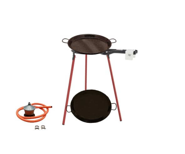 FERRETERIA LEPANTO Kit Paellero, Quemador a Gas butano, paellera acero pulido, regulador de Gas + 1,5 metros de Manguera, soporte de 3 Patas Resistentes (Esmaltada, 55 CM)