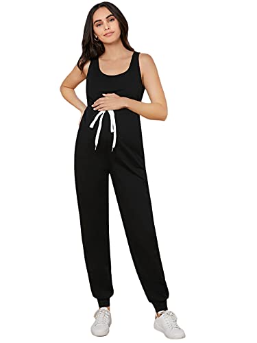 Image of MakeMeChic Women's Maternity Jumpsuit Sleeveless Drawstring Waist Overall Jumpsuits Black Solid M