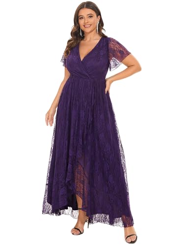 Ever-Pretty Plus Women's V Neck Ruffles Sleeves Lace Summer Mother of The Bride Dresses Plus Size Semi Formal Dress 01489-DA3