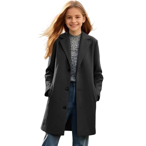 Ewleguzka Langer Trenchcoat für Mädchen, Knopfleiste mit Revers und Taschen, klassischer Kinder-Regenmantel für 5–14 Jahre, Schwarz , 12 Jahre