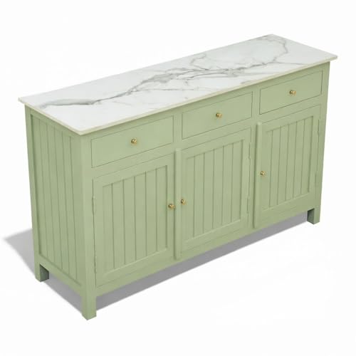 Image of Solid Wood Madrid Sideboard Cabinet with Sintered Stone Top for Living Room | Premium Acrylic Sage Green Finish | 130x40x80 cm
