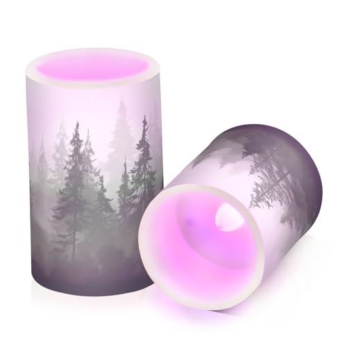 Image of Pine Trees Flameless Candles with Remote - Set of 2 Battery Operated Pillar Candles for Home Decoration, Christmas, Party