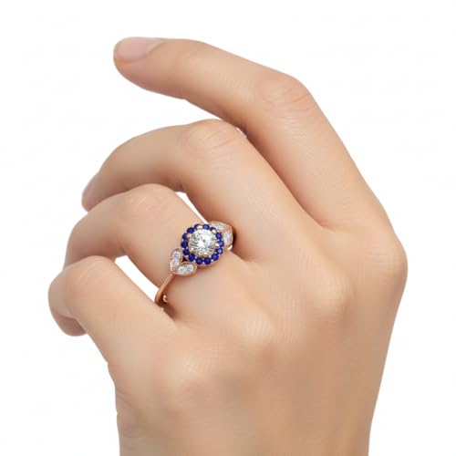 Image of Rose Gold Plated Diamond CZ & Blue Sapphire Petal Halo Engagement Ring for Women, Petite Round Shape Wedding & Everyday Jewelry, Handmade Gift for Wife US Size 4-12