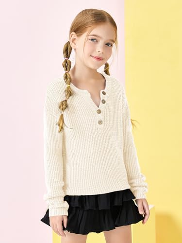rrhss Girls Waffle Knit Sweaters Trendy Henley Button V Neck Long Sleeve Pullover Jumper Tops4