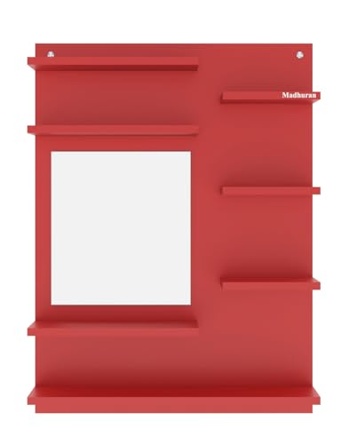 Image of Madhuran Ricco Engineered Wood Wall Mounted Dressing Table (Red Finish) Bathroom Cabinet Washroom Makeup Mirrors Storage Organiser Fancy Aaina Bedroom Mirror