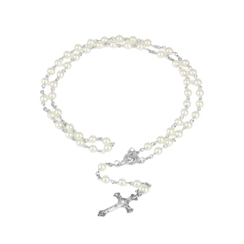 Durlo Collar de rosario católico de perlas blancas con dijes de crucifijo y cuentas de vidrio para oración, ideal para uso religioso y adorno elegante.