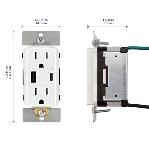 Image of Leviton 60W (20V@2.5A+ 5V@2A) USB Dual Type A /Type-C Power Delivery in-Wall Charger with 15A Tamper-Resistant Outlet, USB Charger for Smartphones, Tablets, Laptops, T5634-W, White