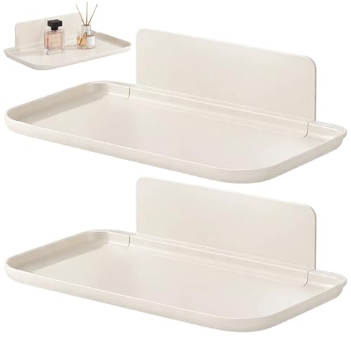 Wnzdp 2Pcs Stick on Shelves Foldable Wall Storage Holder Rack Perforation Free Plastic Floating Stick on Shelf 7 Inches Adhesive Mini Shelf on Wall for Kitchen Bathroom Office